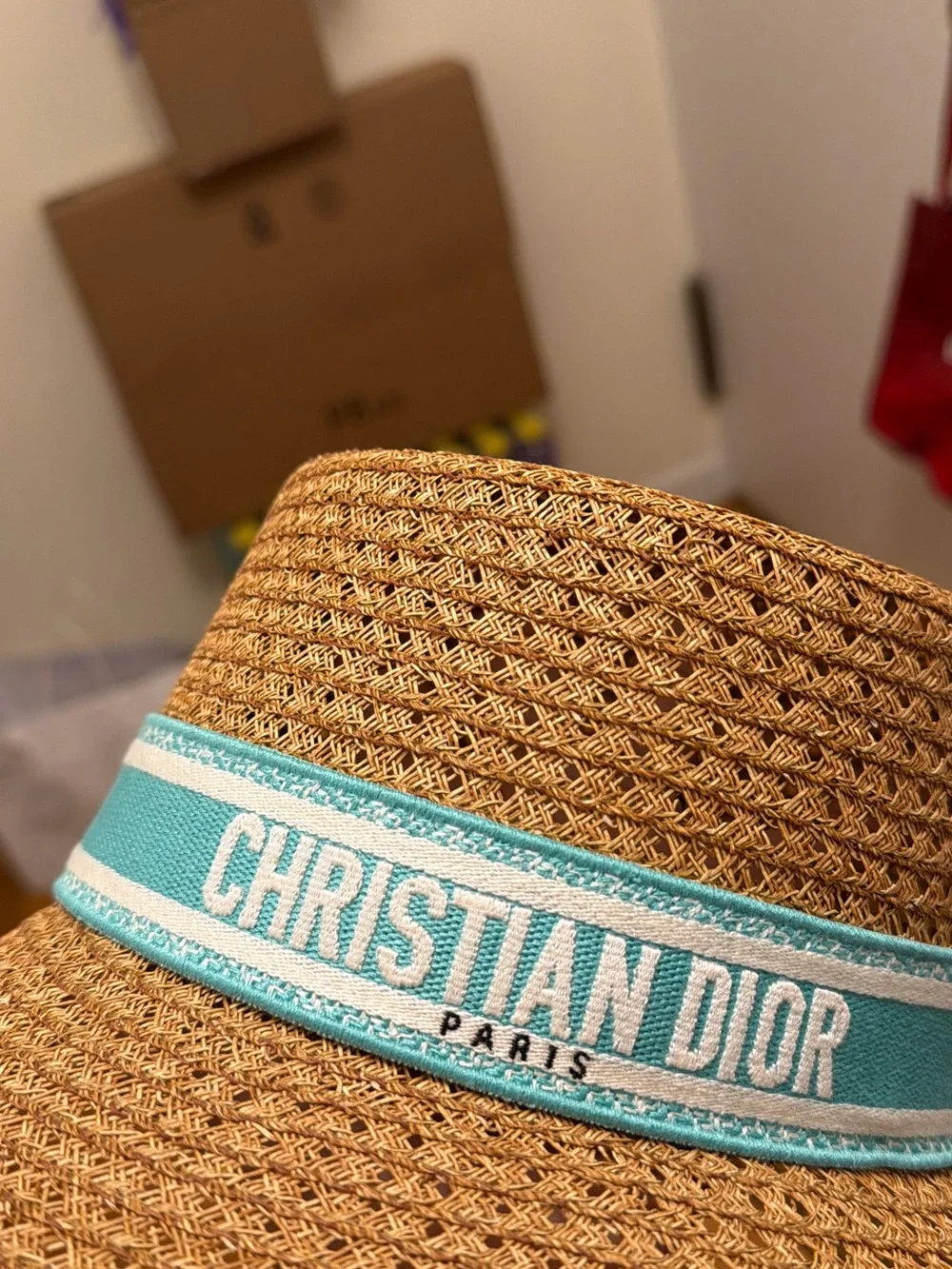 Dior Tan Straw Sun Hat with Mint Green Logo Band